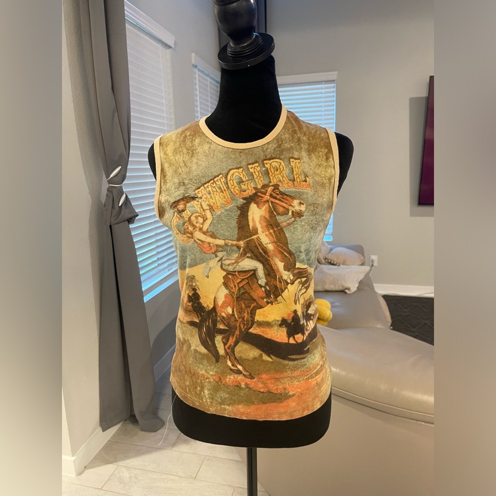 Y2K vtg Skinny Minnie cowboy horse print sleeveless tank top Sz M/L